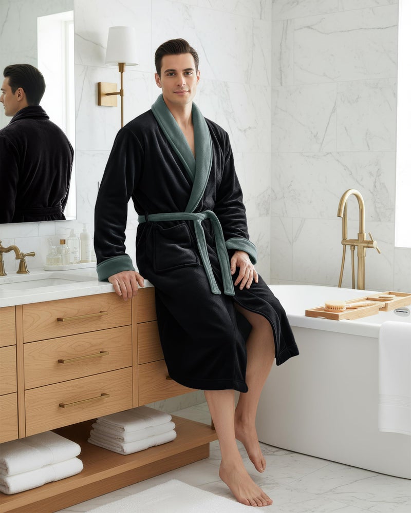 NY Threads Mens Robe, Luxury Plush Fleece Mens Bathrobe, Spa Bath Robe for Men, Small-Medium, Black Steel Grey - Image 4